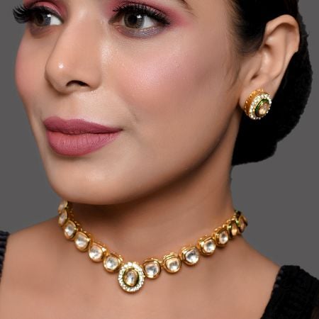 Minimal Oval Mirror Stone Choker Necklace Set with Stud Earrings